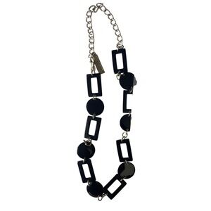 Valerie Stevens Black Geometric Resin Statement Necklace Silver Tone Chain 22 In